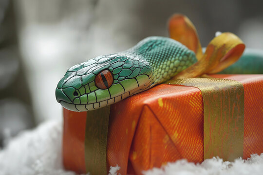 snake on christmas gift on table