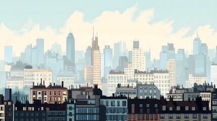 Hazy cityscape panorama, diverse building rooftops, skyscrapers in the distance, light blue sky.