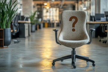 Empty office chair with a question mark in a modern open space office symbolizes job search, hiring, and career opportunities