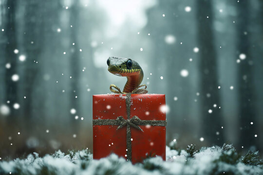 cute snake on a red christmas gift against the background of the forest during snow