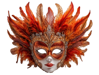 A carnival mask with feathers and a red and gold color scheme. On transparent background.  