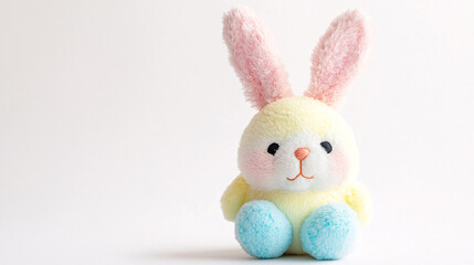 Obraz premium cute pastel pink yellow and blue bunny plush toy sitting on white background