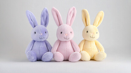 Obraz premium three pastel plush easter bunnies sitting on a white background