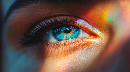 Fototapeta premium A woman's eye, close-up, with a rainbow of colors swirling inside.