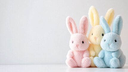 Obraz premium pastel pink yellow blue plush easter bunny rabbit toys on white background