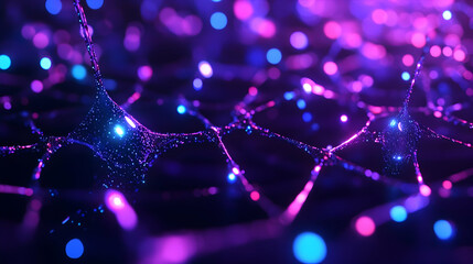 A microscopic visualization of neural networks, glowing in shades of purple and blue. The image represents the intricate connections of neurons and synapses, symbolizing thought processes, brain activ