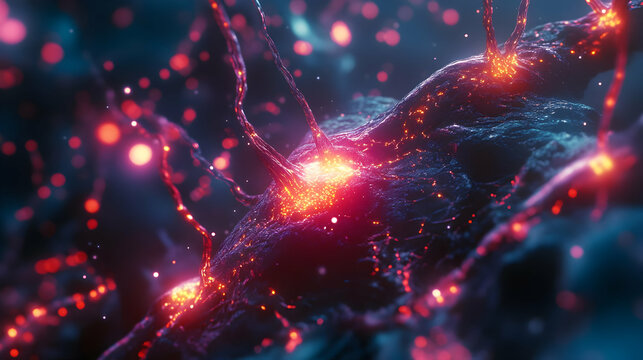 A highly detailed neuron with an illuminated synapse, showing the interaction of brain cells with vibrant red and blue hues. The image captures the complexity of neural communication and cognitive pro