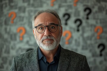 Portrait of a confused mature professor with many interrogation marks surrounding him