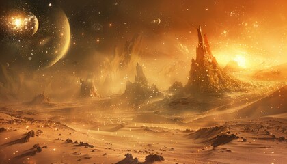 A Desert Landscape on an Alien Planet with a Large Moon and Dust Storms