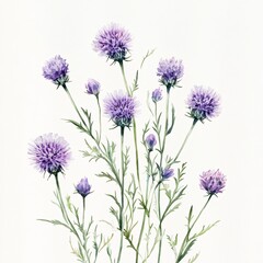 Naklejka premium Watercolor Painting of Delicate Purple Thistle Flowers on White Background