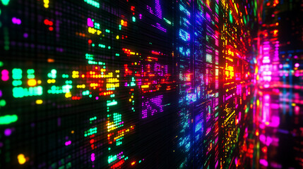 Abstract representation of stock ticker data, with numbers in neon colors - Bold and digital, low lighting