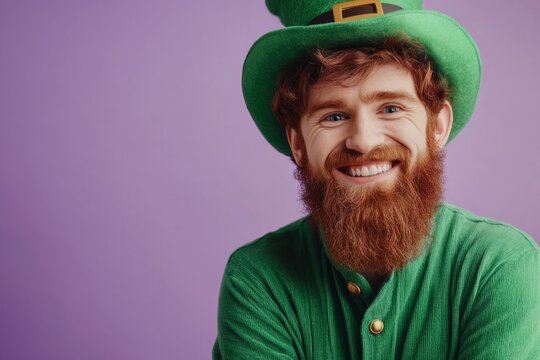 Studio portrait of cheerful bearded man celebrating saint patrick's day, wearing green leprechaun hat and smiling