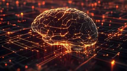 A golden-hued cybernetic brain with interconnected digital circuits, representing AI-driven computational intelligence, machine learning, and cognitive automation.

