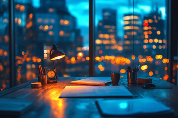 Warm light illuminates a desk cluttered with papers and books, creating a cozy atmosphere for evening study