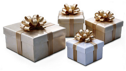 Obraz premium Four elegant gift boxes with gold ribbons, varying sizes, reflecting on a surface.