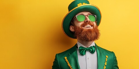 Redhead man with beard wearing leprechaun costume looking up and laughing on a vibrant yellow background