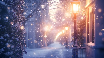 Fototapeta premium A magical snowy street scene with a lamp post glowing and softly falling snowflakes. The space on the right side of the image is perfect for product showcasing.