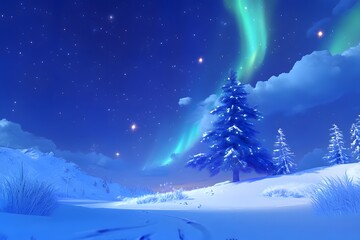 Fototapeta premium A serene winter landscape featuring a snowy scene illuminated by the northern lights.