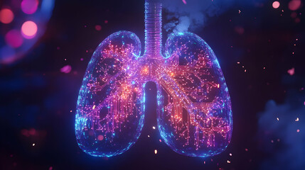 A neon-lit lung model with a glowing bio-digital structure, symbolizing smart healthcare, AI-driven respiratory research, and future innovations in pulmonary medicine.

