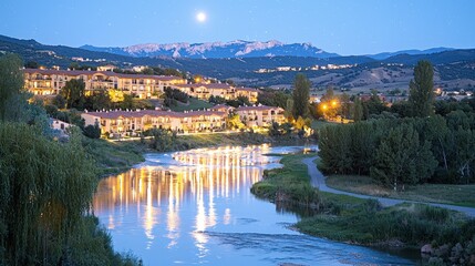 Fototapeta premium Serene Night River Illuminated Houses Starry Sky Mountain Landscape
