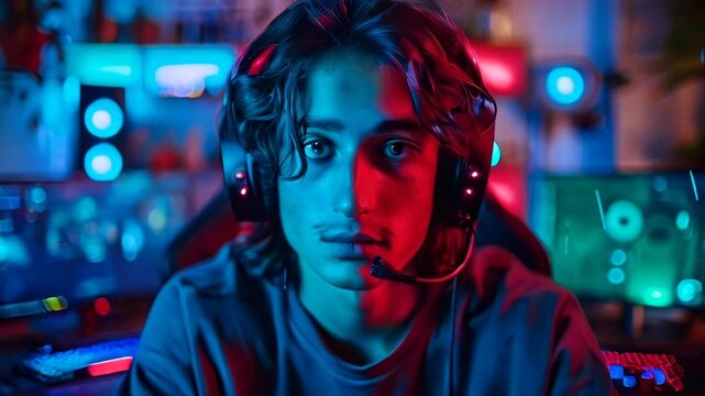 Zoom in portrait of tired gamer in headphones in colorful room. Young guy sadly looks at camera because of digital fatigue in dark room with blue and red backlight.