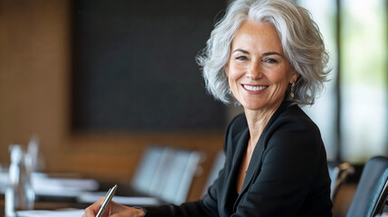 Visionary senior businesswoman driving progress with strategic insights in a modern corporate setting, older businesswoman