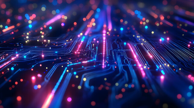 A digital circuit board with neon-colored electrical pathways representing futuristic AI, cybernetics, and computational intelligence. The glowing pathways indicate high-speed data flow and next-gener