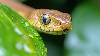 Obraz premium Close up of a Snake s Head on a Dew Covered Leaf in Nature
