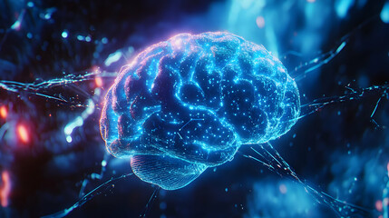 A highly detailed 3D-rendered brain with blue luminescent energy, indicating an advanced artificial neural structure. The vibrant digital aesthetics suggest futuristic cognition, AI-powered thoughts, 