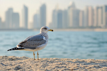 Seagull bird or seabird standing feet on sea beach. Close up view of white gray bird seagull in sea rock. Wild seagull portrait on natural blue sky background. Sea gull bird animal closeup 
