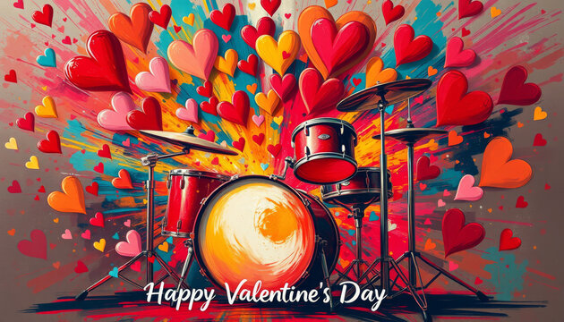 Drumkit Hearts Explosion. Vibrant illustration of red drum kit surrounded by colorful exploding hearts for Valentine's Day celebration.