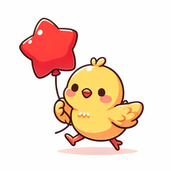 Cute cartoon characters of a cute chubby chick is holding a red star balloon. Illustration for print, poster, logo, mascot, sticker, and card design.