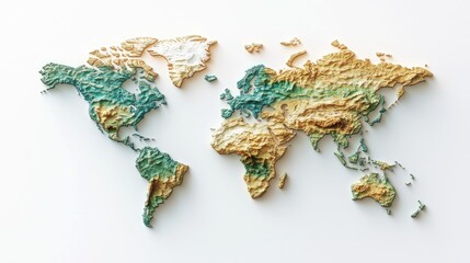 Colorful 3D relief map of the world showcasing continents and topographical features.