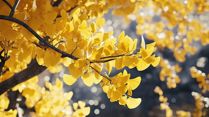 Golden ginkgo leaves illuminated by sunlight, creating a vibrant autumn scene.