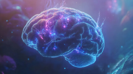 A glowing blue brain with luminous purple synaptic highlights, representing intelligence, connectivity, and advanced brain function in a futuristic visualization.

