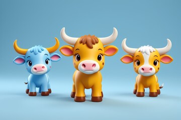 Obraz premium three toy cows are standing next to each other on a blue background
