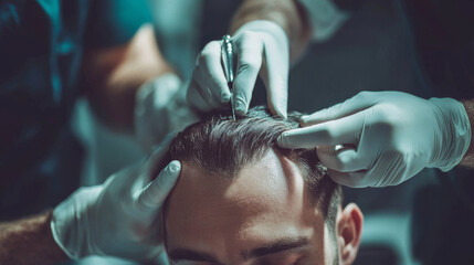 Two hair specialists are carefully taking hair from a man's head to use for a hair transplant. This is part of a hair transplant procedure using the FUE Sapphire method.