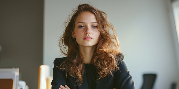 confident businesswoman with curly hair sits in modern office, exuding professionalism and focus. natural lighting highlights her poised demeanor, creating inspiring work environment