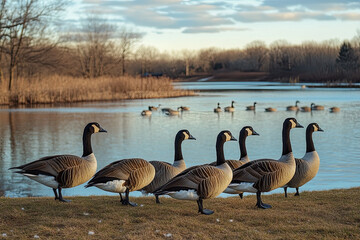 Fototapeta premium Group of geese waddling together near a farm pond