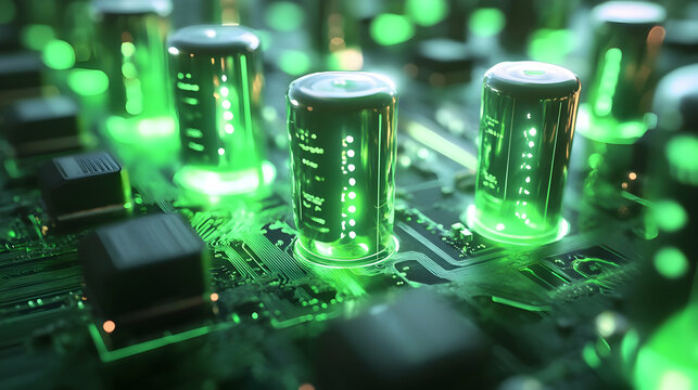 A futuristic visualization of green glowing capacitors on a circuit board, symbolizing the fusion of technology and energy efficiency in a tech-driven world.

