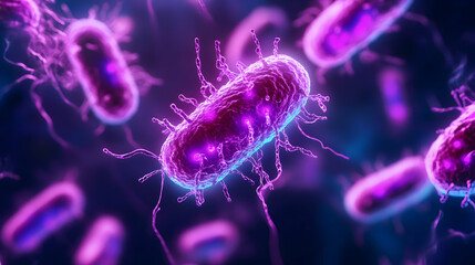 A detailed visualization of a single bacterium with long filamentous appendages glowing in vibrant pink and purple tones, surrounded by smaller microbes in a dynamic microscopic setting.

