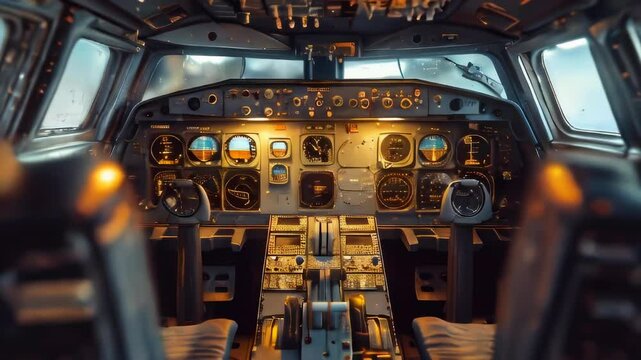 Indoor view of cockpit of airplane. Push in shot of aircraft commanders workplace with large instrument panel without people.