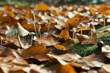 Forest Floor with Fungi, Snail, and Autumn Leaves
