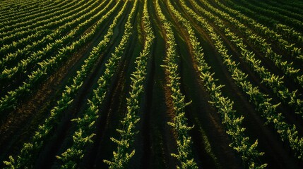 Aerial View of Rows of Lush Green Vineyard Plants