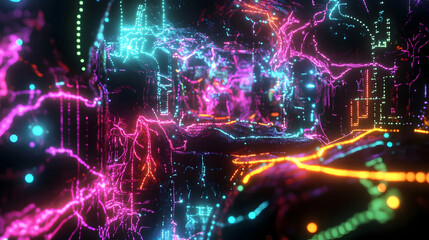 Obraz premium An abstract artistic representation of digital neural connections, showcasing vibrant pink, orange, and blue streaks that resemble electrical signals flowing through a network.