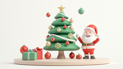 Fototapeta premium A cheerful Santa Claus decorates a festive Christmas tree surrounded by colorful ornaments, candy canes, and citrus fruits.
