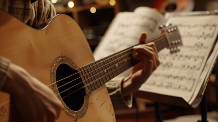 Students practice playing the acoustic guitar, strumming chords with dedication and determination, surrounded by music notes and musical notes