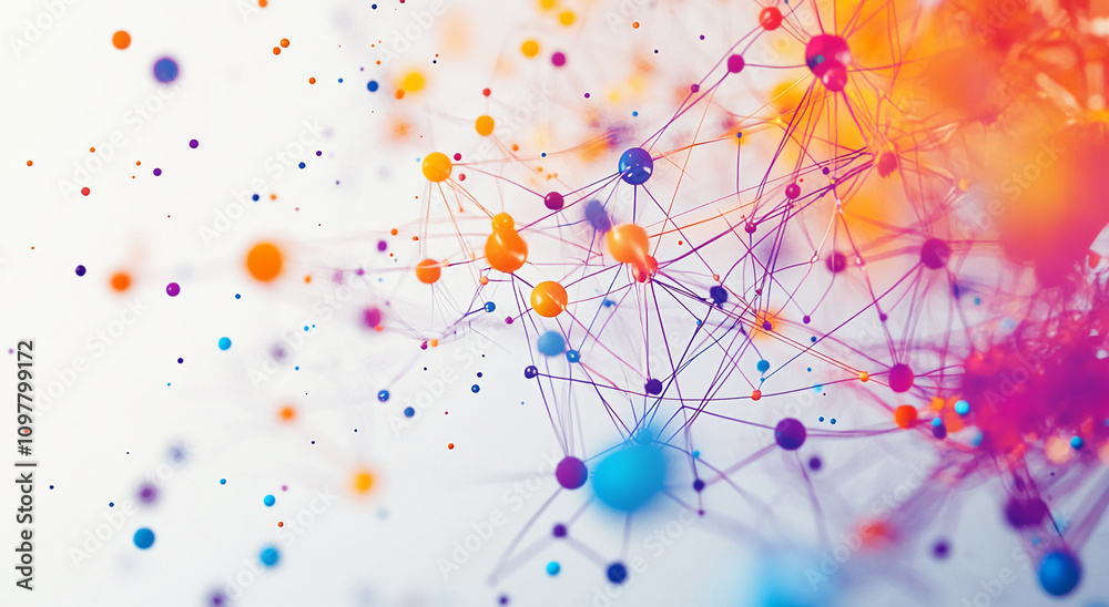 Poster Colorful abstract network of dots and lines representing data connections in a digital landscape