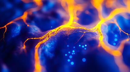 Obraz premium An artistic depiction of electrical or neural activity, showcasing a vivid combination of blues and fiery oranges. This image symbolizes energy, connection, and movement on a micro or cosmic scale.
