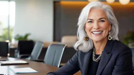 Obraz premium Visionary senior businesswoman driving progress with strategic insights in a modern corporate setting, older businesswoman